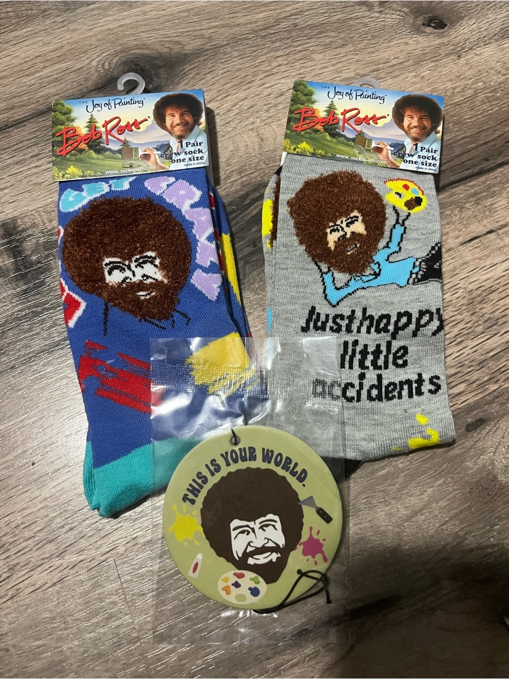 NWT Bob Ross  Crew Socks - Grey & Blue - 2-Pack and air freshener
